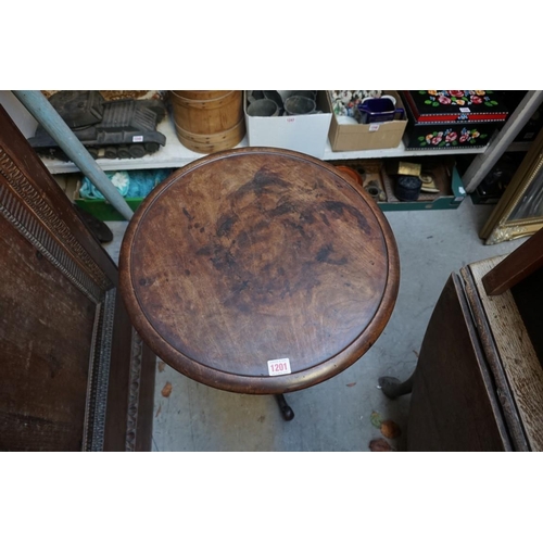 1201 - A 19th century mahogany tripod table, with dished top, 48cm diameter; together with an old beechwood... 