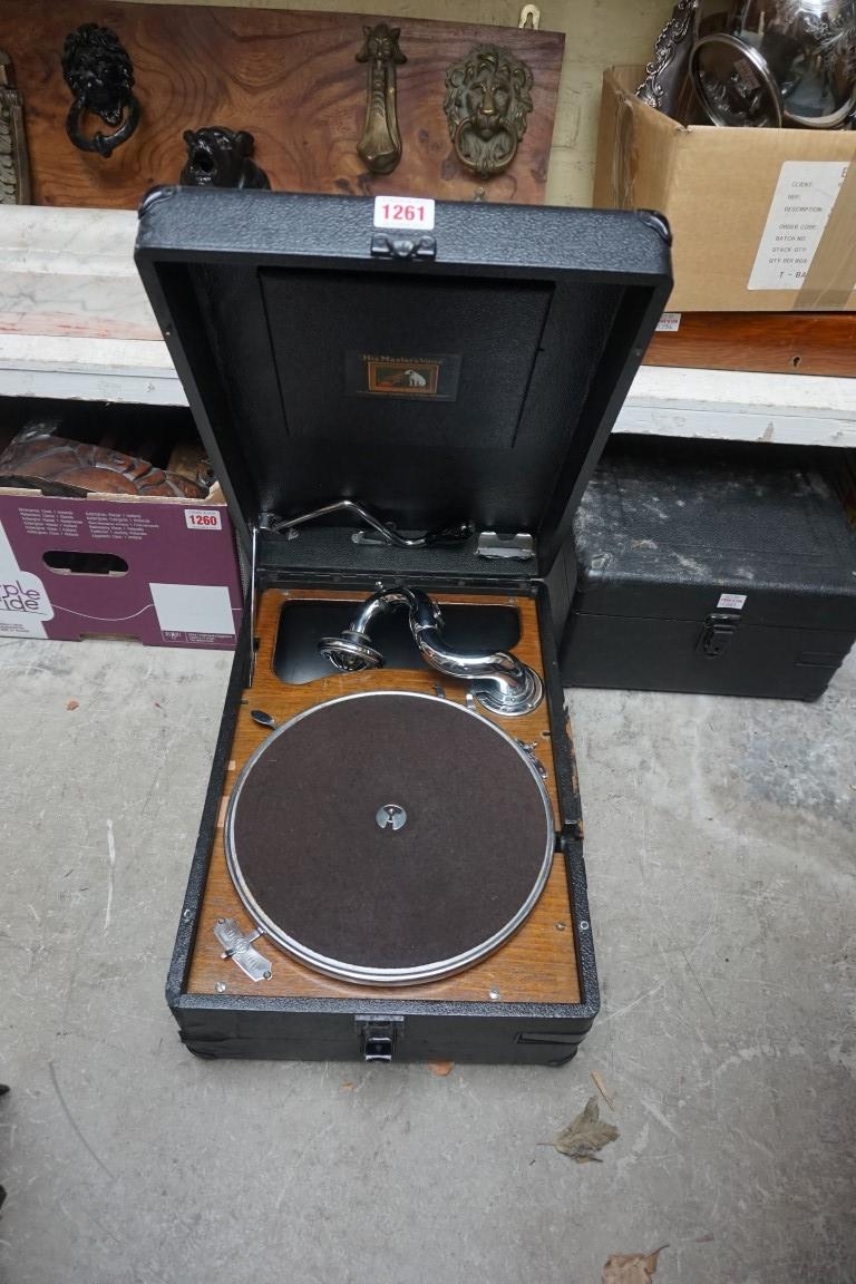 Two Vintage Portable Gramophones, One By HMV, The Other Labelled ...