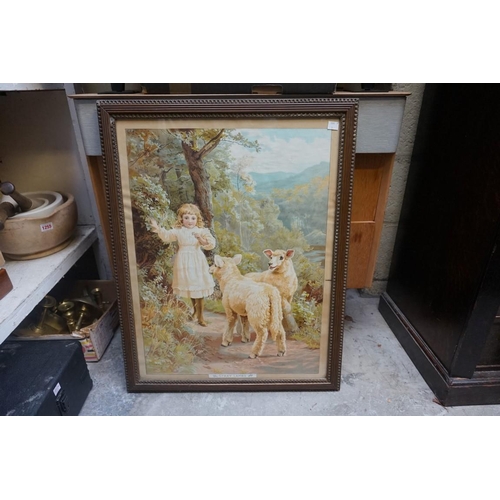 1266 - A pears print of 'Young Girl Reading to Her Dog', I.61 x 42cm; together with another of 'Stray Lambs... 