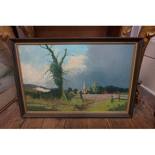 1321 - S J Andrews, 'Brockham Church, Surrey', signed and dated 1970, oil on board, 39 x 59.5cm; together w... 