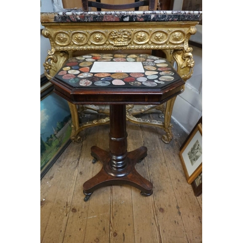 1331 - A rosewood and specimen marble octagonal pedestal table, 46.5cm wide.