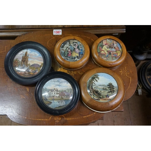 1347 - Five Victorian pot lids, to include 'Albert Memorial', each framed.