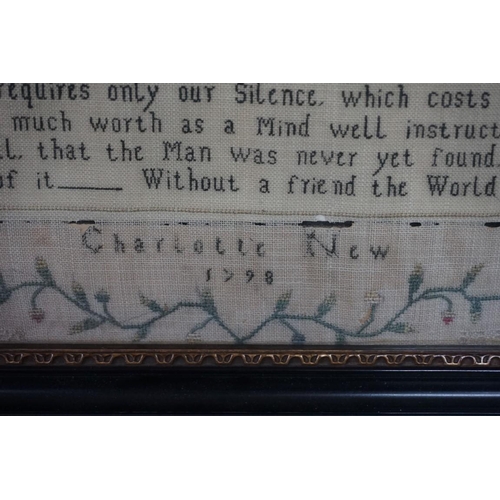 1359 - A George III needlework verse sampler, by 'Charlotte New, 1798', 29 x 32cm. 