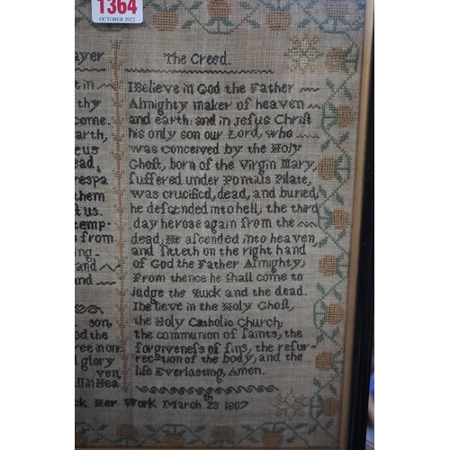 1364 - A George III 'The Lord's Prayer' needlework sampler, inscribed 'Mary Lock, Her Work, March 23 1807',... 