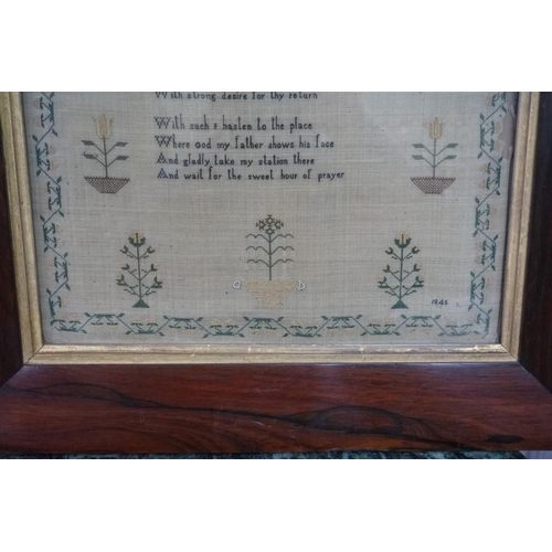 1365 - A Victorian needlework verse sampler, dated 1845, 42 x 32.5cm, in a rosewood frame. ... 