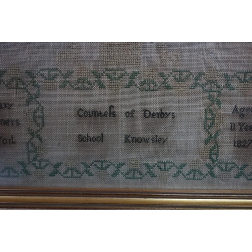 1366 - A rare George IV 'Countess of Derbys School, Knowsley' sampler, inscribed 'Mary Garners Work, Aged 1... 