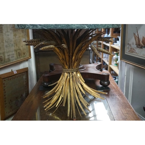 1377 - A vintage gilt metal and green marble low occasional table, the base in the form of tied wheat sheaf... 