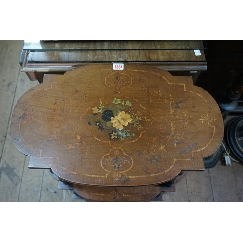 1387 - A late Victorian mahogany and inlaid three tier etagere, 56cm wide. 