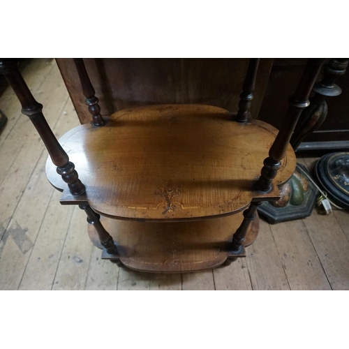 1387 - A late Victorian mahogany and inlaid three tier etagere, 56cm wide. 