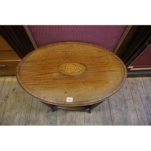 1403 - An Edwardian mahogany and inlaid oval two tier occasional table, 68.5cm wide.