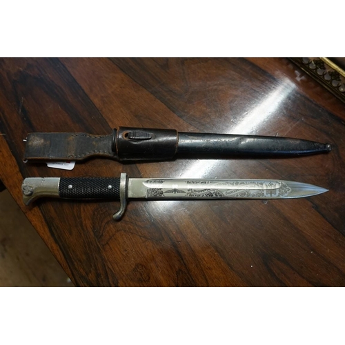 1802 - * WITHDRAWN* A German Third Reich dress bayonet and scabbard, having etched 24.5cm blade, by E.Pack ... 