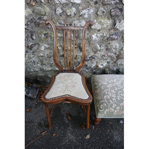 1010A - A small lyre back chair; together with a long upholstered footstool.