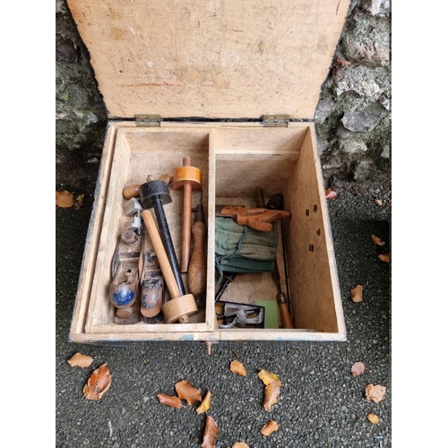 1006 - A wood box containing a quantity of old tools.