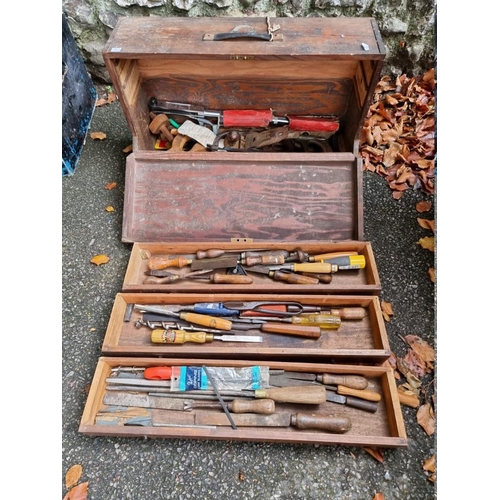 1007 - A wood box containing a quantity of old tools.