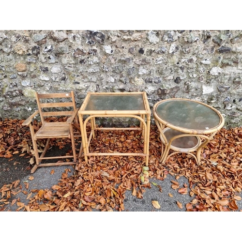 1020 - Two bamboo occasional tables and a child's rocking chair.