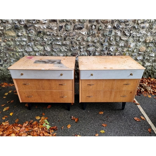 1027 - A pair of mid century oak three drawer chests, by Avalon, 73.5cm high x 78cm wide.