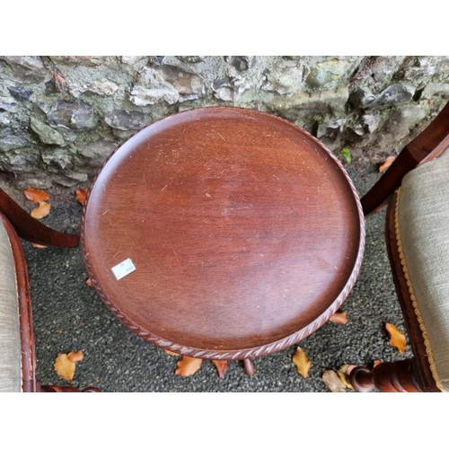 1039 - A pair of mahogany balloon back chairs; together with a small tripod table, 51cm high. ... 