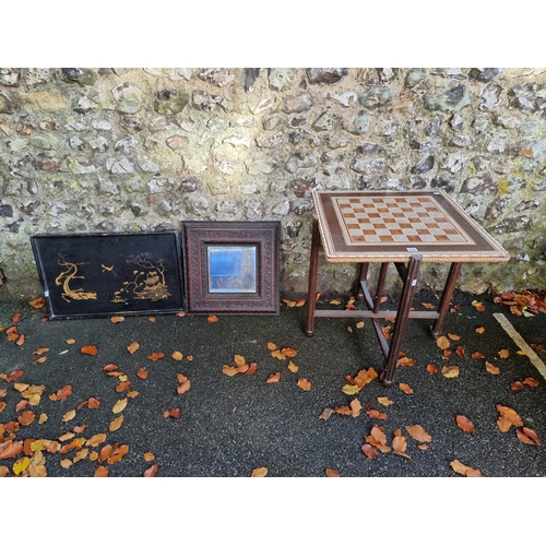 1042 - A chequerboard top table, mirror and butlers table.