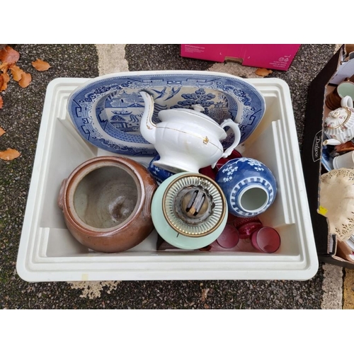 1065 - A blue and white meat plate; together with an oil lamp and other items.