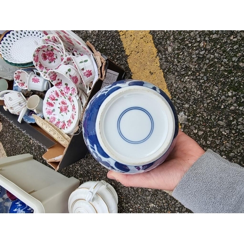 1065 - A blue and white meat plate; together with an oil lamp and other items.