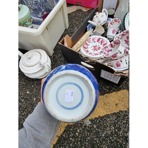 1065 - A blue and white meat plate; together with an oil lamp and other items.