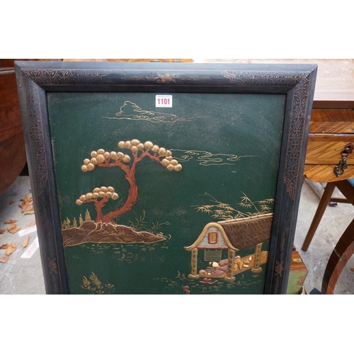 1101 - A Chinoiserie green lacquered rectangular panel, 84 x 55.5cm.