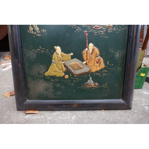 1101 - A Chinoiserie green lacquered rectangular panel, 84 x 55.5cm.