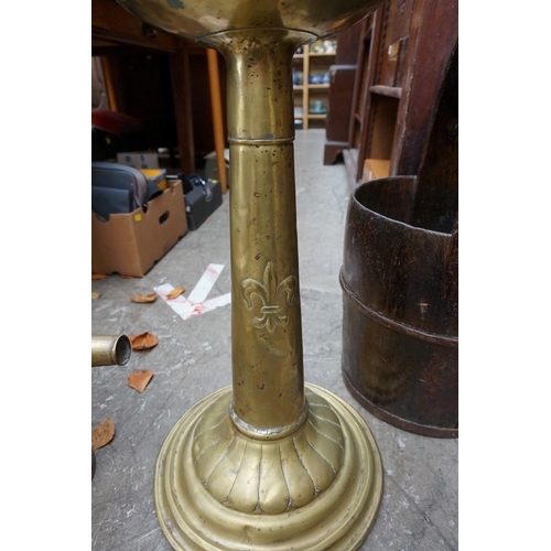 1102 - An old embossed brass pedestal jardiniere, 83.5cm high; together with a brass watering can. (2)... 