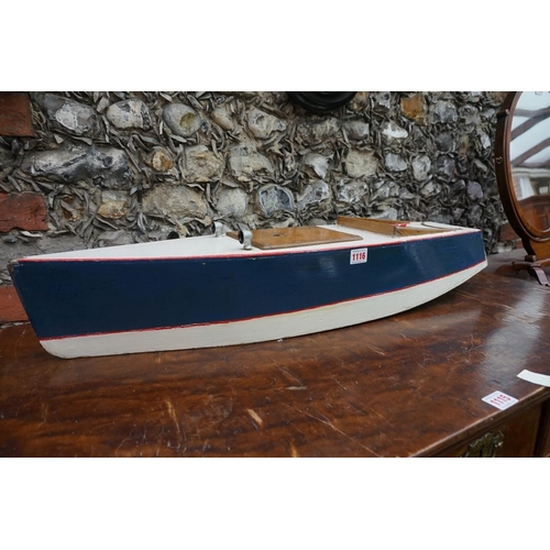 1116 - Two old painted wood model boats,  largest 83cm long, one with blueprints.