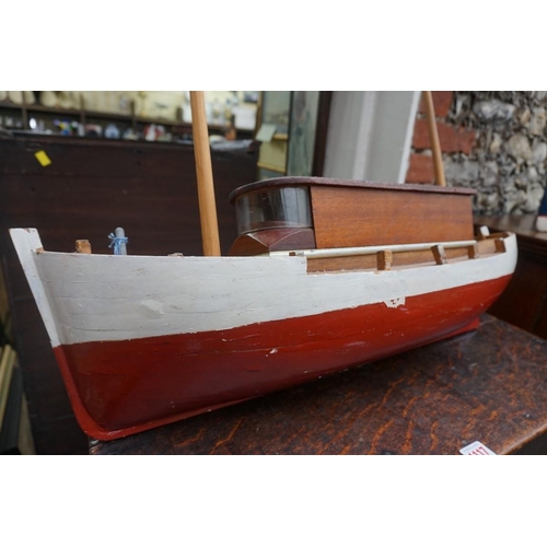 1116 - Two old painted wood model boats,  largest 83cm long, one with blueprints.