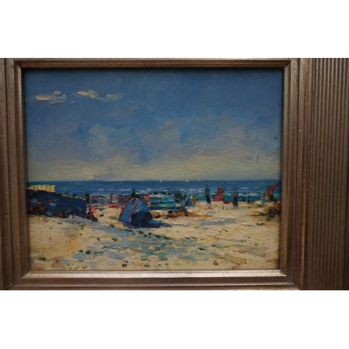 1153 - English School, beach scenes, a set of three, oil on panel, 19 x 24cm. (3)