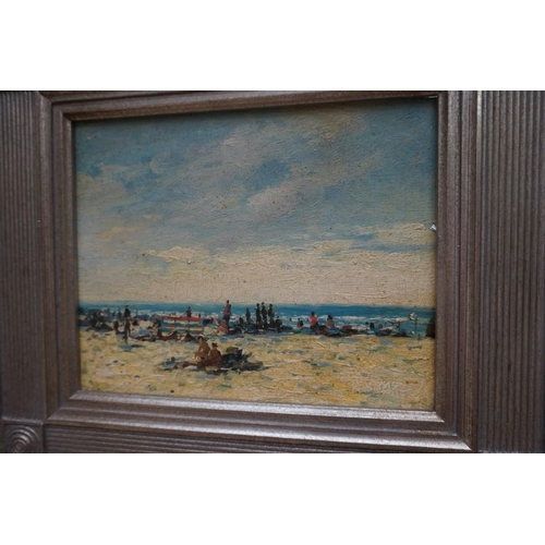 1153 - English School, beach scenes, a set of three, oil on panel, 19 x 24cm. (3)