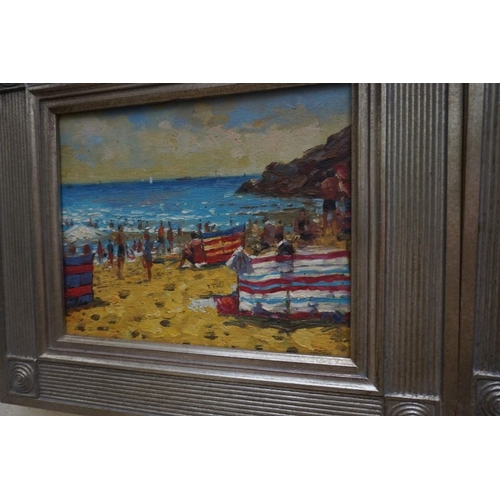 1153 - English School, beach scenes, a set of three, oil on panel, 19 x 24cm. (3)