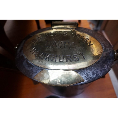 1248 - A Victorian steel and brass milk churn, inscribed 'Barretts Green Dairy, Hawkhurst', height includin... 