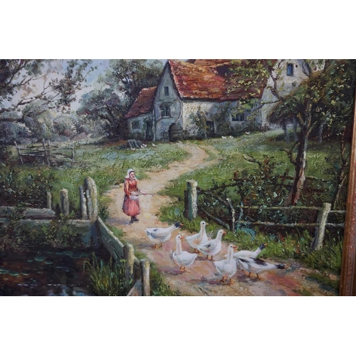 1305 - Jos Maryet, a girl and geese by a farmstead, oil on canvas, 59 x 55.5cm. 