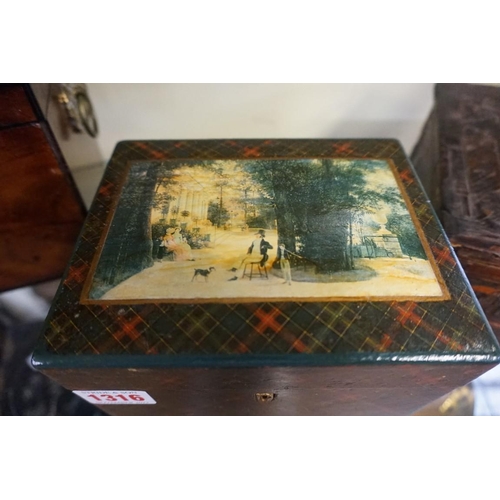 1316 - An unusual tartan ware cigar box, the hinged top with later printed panel, 16.5cm wide.... 