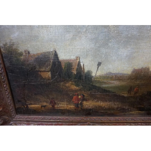 1333 - European School, late 18th century, figures by a village, oil on panel, 30 x 40cm, in a carved giltw... 