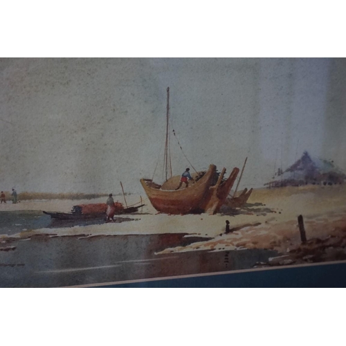 1370 - British School, fisherfolk on a shoreline, indistinctly inscribed, watercolour, 24 x 29.5cm; to... 