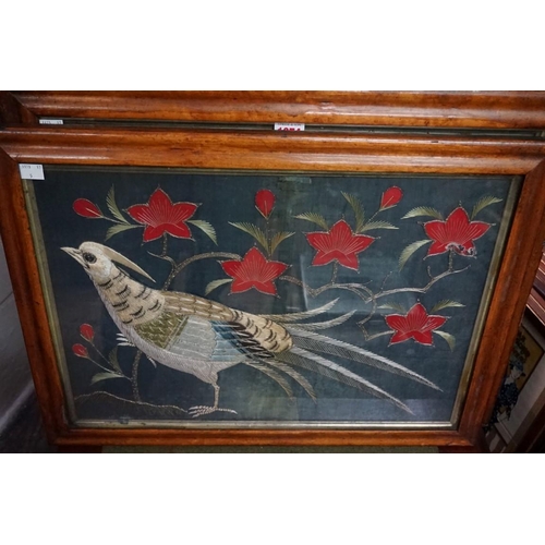 1374 - Two similar 19th century stumpwork panels of pheasants, largest 39 x 50cm.... 