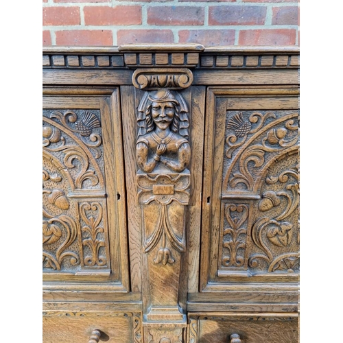 1393 - A good 17th century style carved oak court cupboard, 123cm wide. 