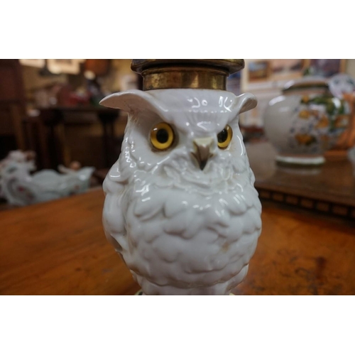 1397 - A French porcelain novelty owl oil lamp, height including shade 37cm, (restoration). ... 