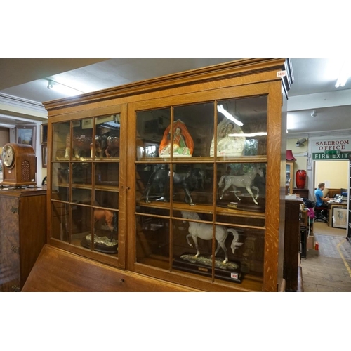 1420 - An unusually large early 20th century oak bureau bookcase, 155.5cm wide.