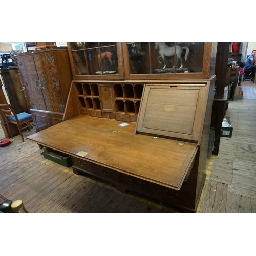 1420 - An unusually large early 20th century oak bureau bookcase, 155.5cm wide.