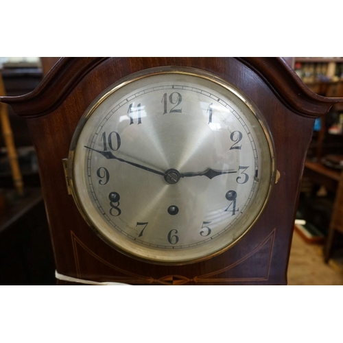 1422 - A 1920s mahogany and painted small longcase clock, 134.5cm high, with pendulum.