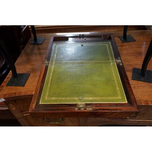 1435 - A 19th century figured mahogany and brass writing slope, the lid inset brass plaque engraved Anne Li... 