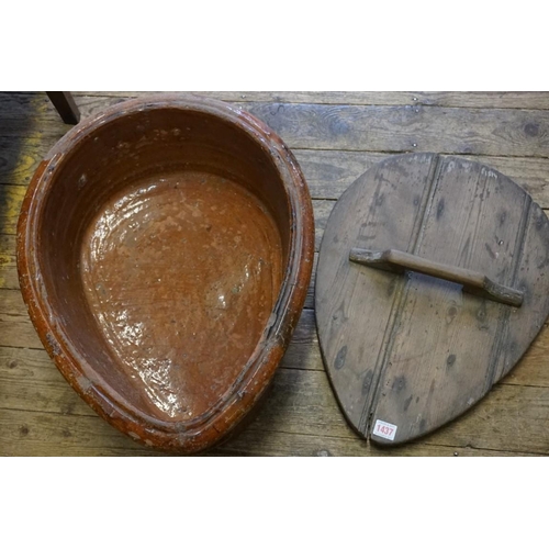 1437 - An old French brown glazed stoneware ham curing tureen and pine cover, 55cm wide.