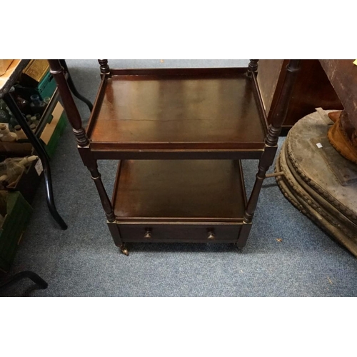 1464 - A 19th century mahogany three tier whatnot, with apron drawer, 50.5cm high, (probably reduced i... 