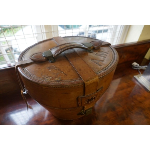 1469 - WITHDRAWN FROM SALE: A good antique tan leather hat box, inscribed 'Made by H Greaves, ...Birmingham... 