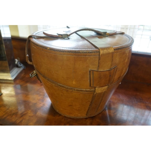 1469 - WITHDRAWN FROM SALE: A good antique tan leather hat box, inscribed 'Made by H Greaves, ...Birmingham... 