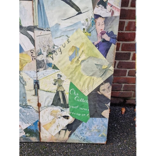 1482 - A vintage three fold decoupage screen, decorated with pages from Vogue magazine, circa 1930s, 1... 